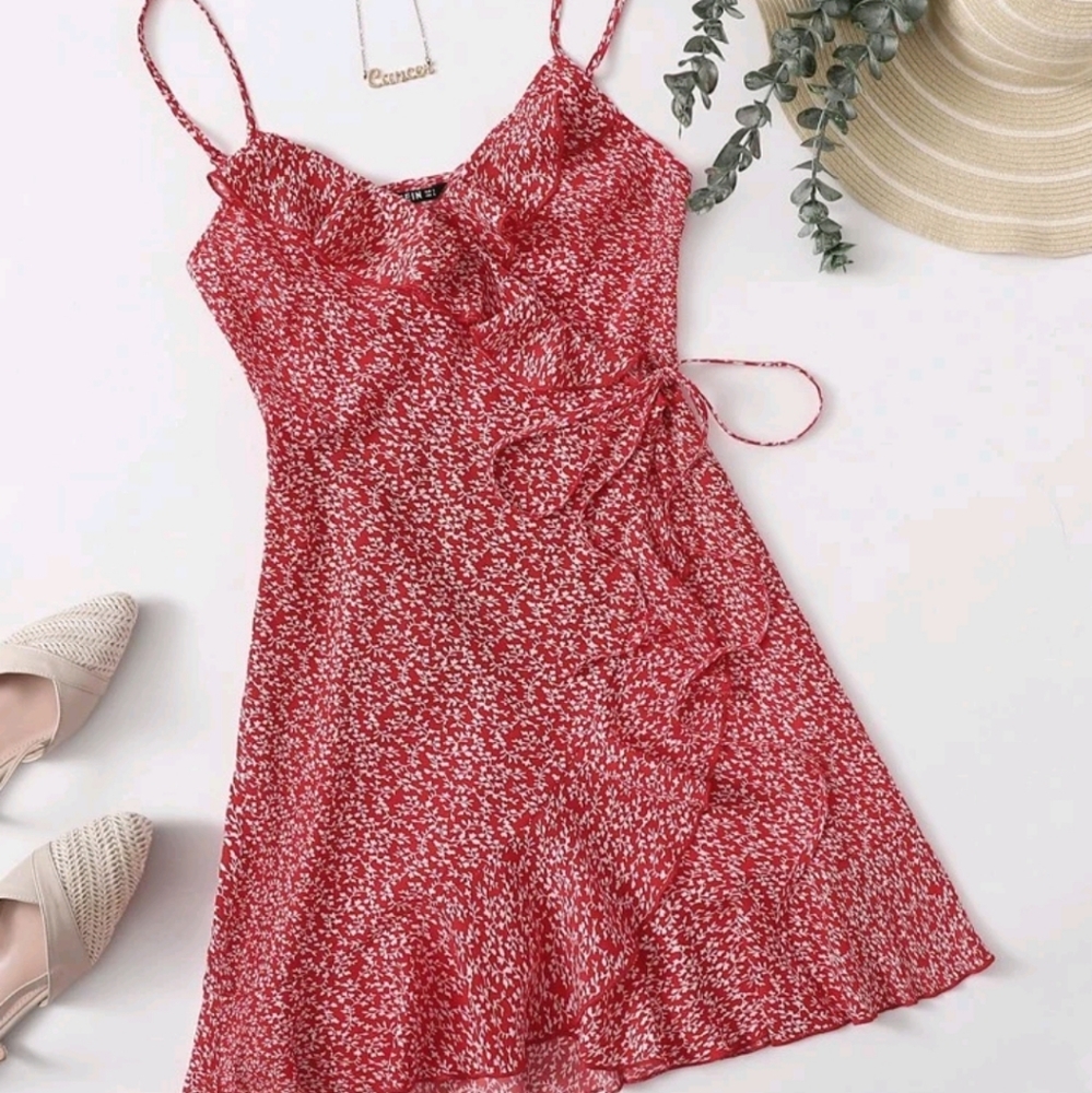 Shein Red and White Wrap Tie Dress